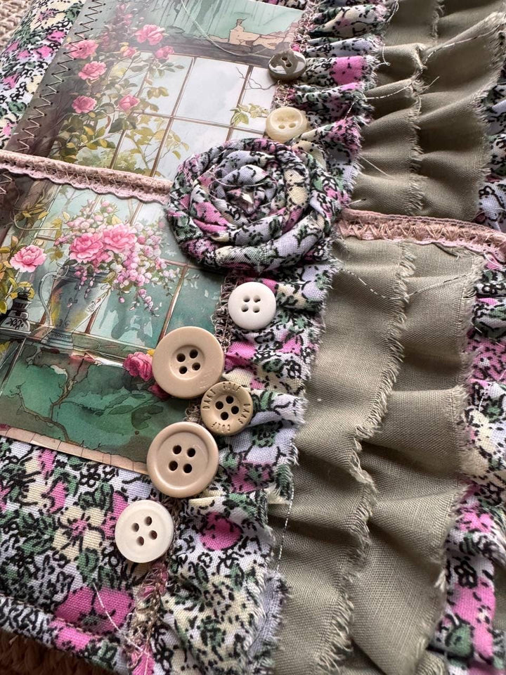 Handmade Botanical Junk Journal | Cottagecore Fabric Journal with Lace, Vintage Papers, Botanical Ephemera Notebook