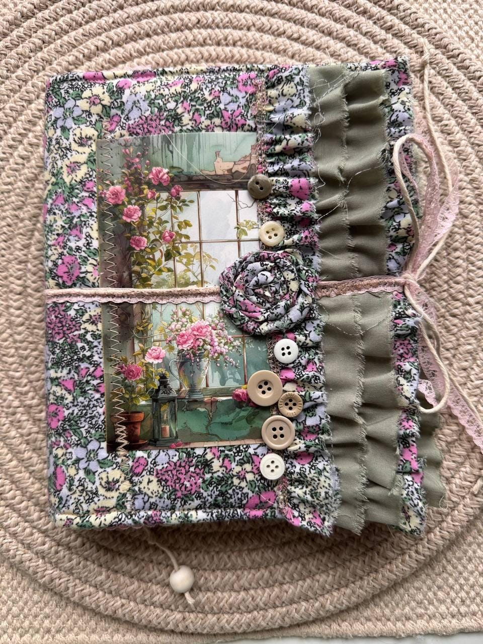 Handmade Botanical Junk Journal | Cottagecore Fabric Journal with Lace, Vintage Papers, Botanical Ephemera Notebook