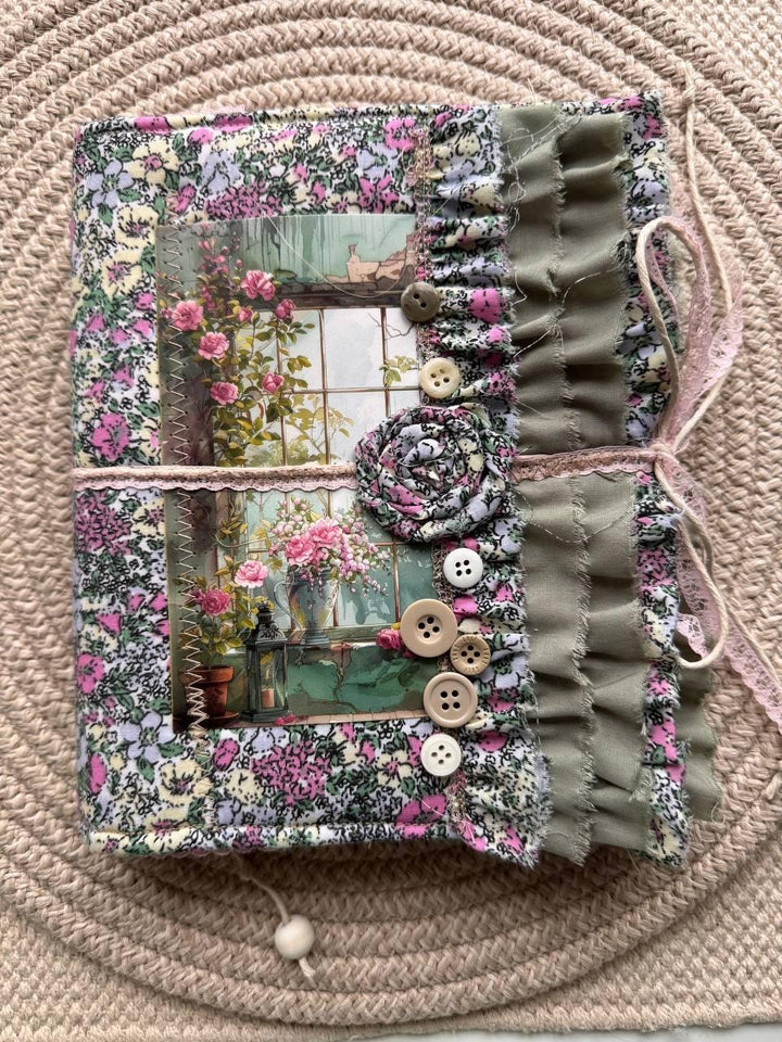 Handmade Botanical Junk Journal | Cottagecore Fabric Journal with Lace, Vintage Papers, Botanical Ephemera Notebook