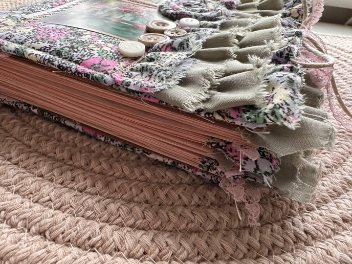 Handmade Botanical Junk Journal | Cottagecore Fabric Journal with Lace, Vintage Papers, Botanical Ephemera Notebook