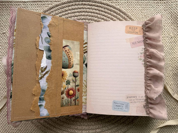 Handmade Botanical Junk Journal, Cottagecore Fabric Journal, Vintage Ephemera Notebook with Lace Ruffles, Romantic Nature Journal