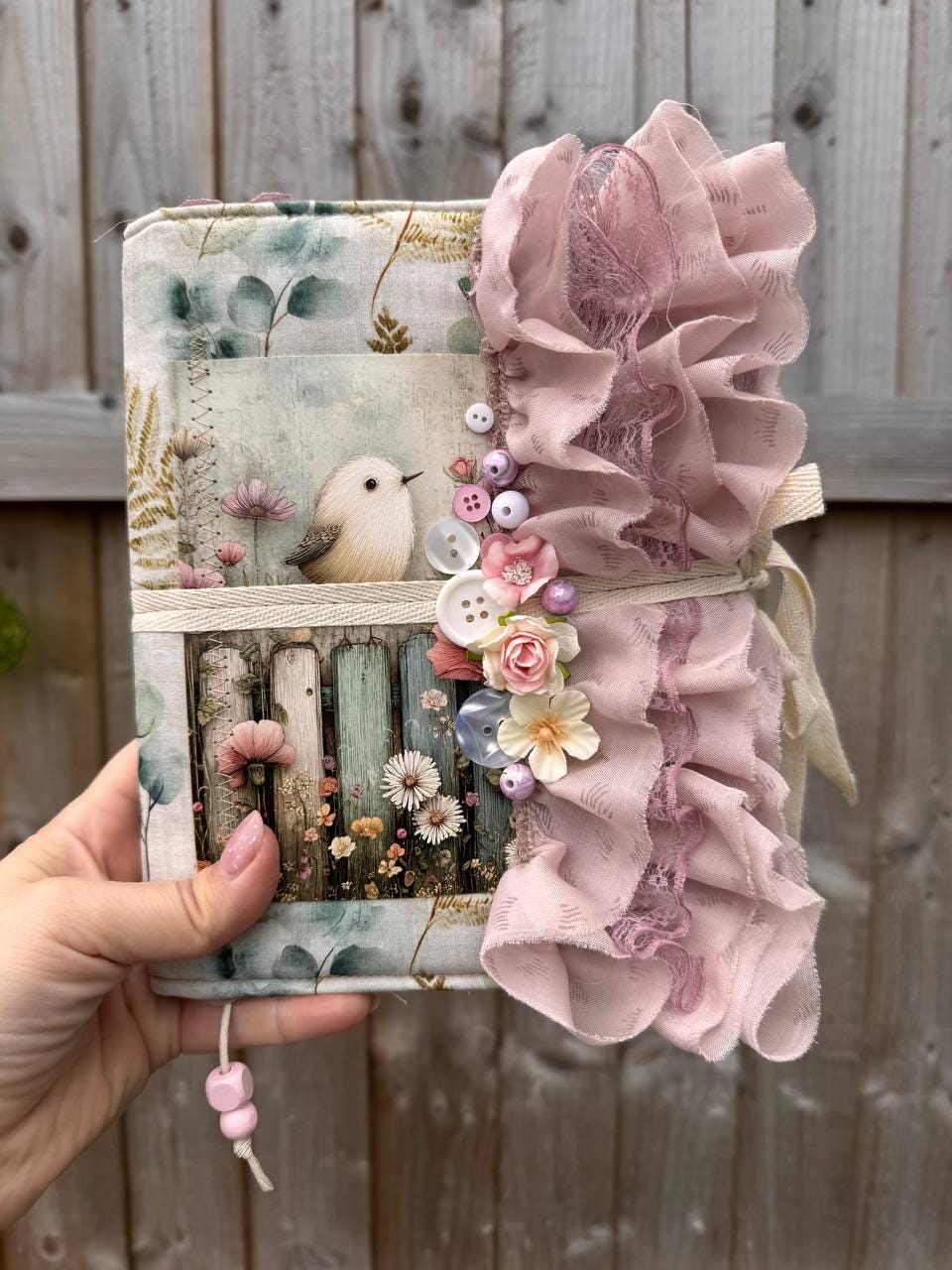 Handmade Botanical Junk Journal, Cottagecore Fabric Journal, Vintage Ephemera Notebook with Lace Ruffles, Romantic Nature Journal