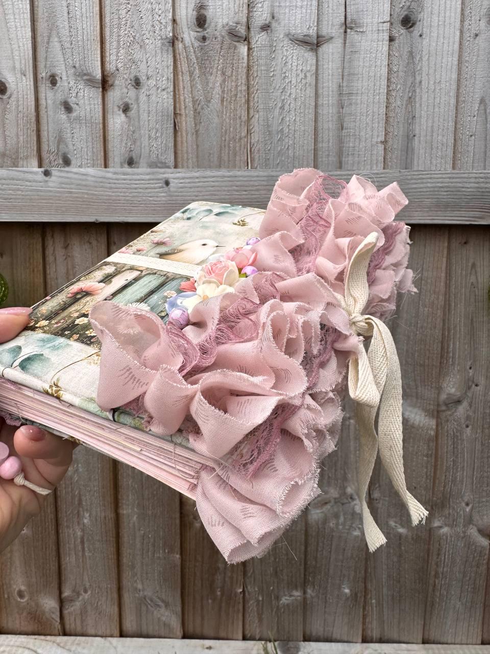 Handmade Botanical Junk Journal, Cottagecore Fabric Journal, Vintage Ephemera Notebook with Lace Ruffles, Romantic Nature Journal