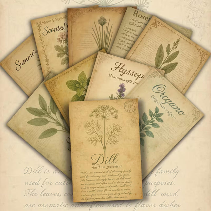 Vintage Botanical Herb Cards Set of 20, Antique Plant Illustration Ephemera, Junk Journal Scrapbooking Paper, Cottage Garden Collage Cards