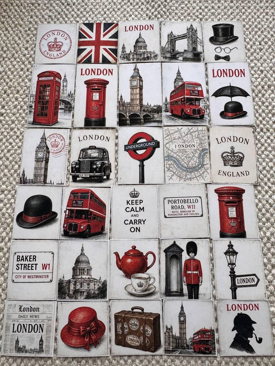 Set of 30 London Vintage Stickers, UK Travel Scrapbook Stickers, British Ephemera Pack, London Journal Stickers, Red Bus and Telephone Box