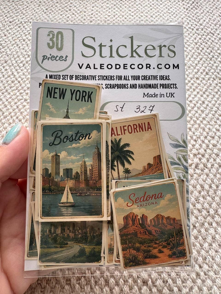 Set of 30 USA Travel Stickers Set, America Vintage Stickers, Road Trip Scrapbook Stickers, USA Journal Sticker Pack, Retro Travel Die Cuts
