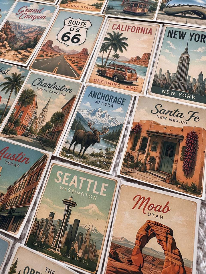 Set of 30 USA Travel Stickers Set, America Vintage Stickers, Road Trip Scrapbook Stickers, USA Journal Sticker Pack, Retro Travel Die Cuts