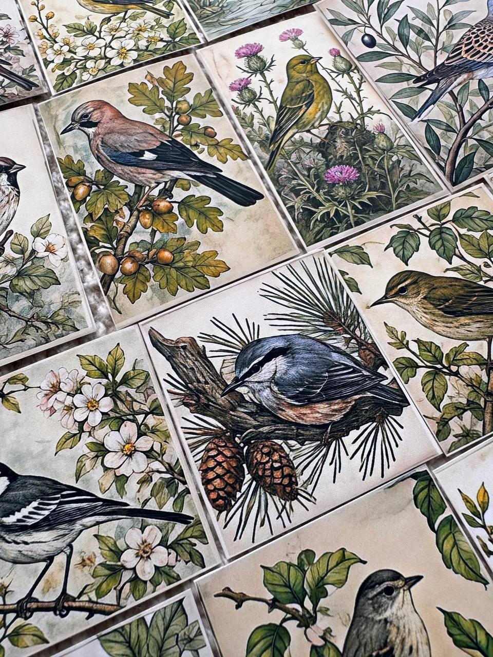 Set of 30 Vintage Bird Stickers Set, Botanical Bird Die Cuts, Cottagecore Scrapbook Stickers, Nature Journal Ephemera, Woodland Birds Pack