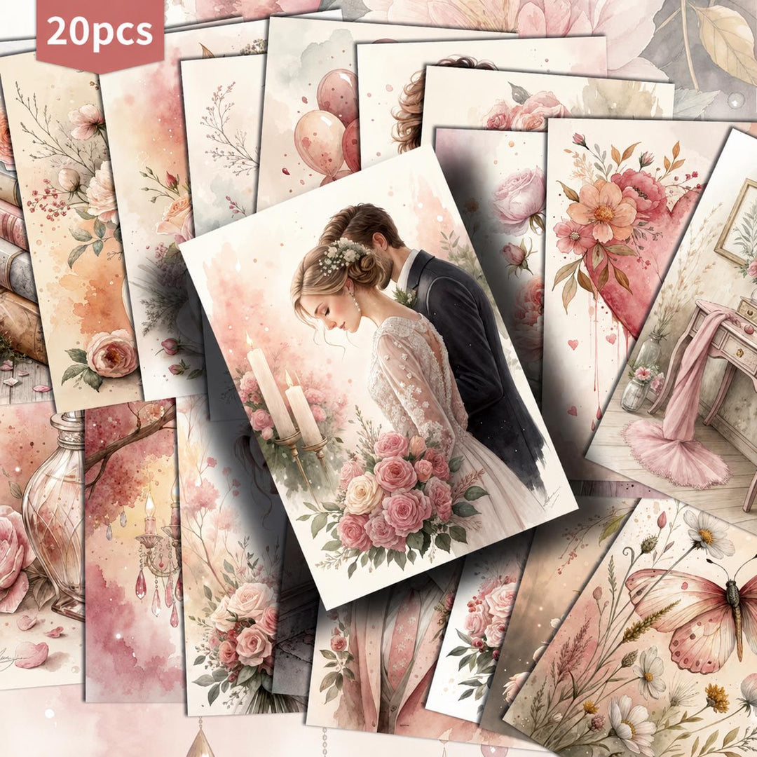 Vintage Pink Wedding Ephemera Cards Set of 20, Victorian Romantic Bridal Illustrations, Junk Journal Scrapbooking Paper, Floral Love Collage