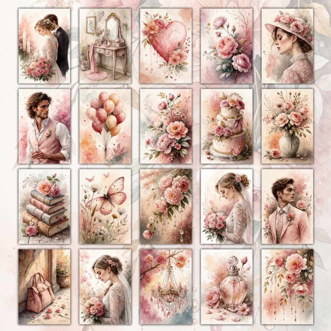 Vintage Pink Wedding Ephemera Cards Set of 20, Victorian Romantic Bridal Illustrations, Junk Journal Scrapbooking Paper, Floral Love Collage