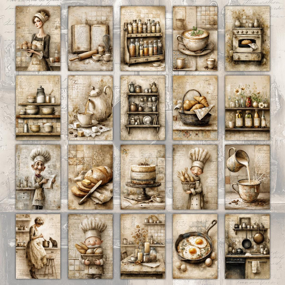 Vintage Kitchen Ephemera Cards Set of 20, Retro Cooking Illustration Cards, Junk Journal Scrapbooking Cards, Cottage Kitchen Collage Pack