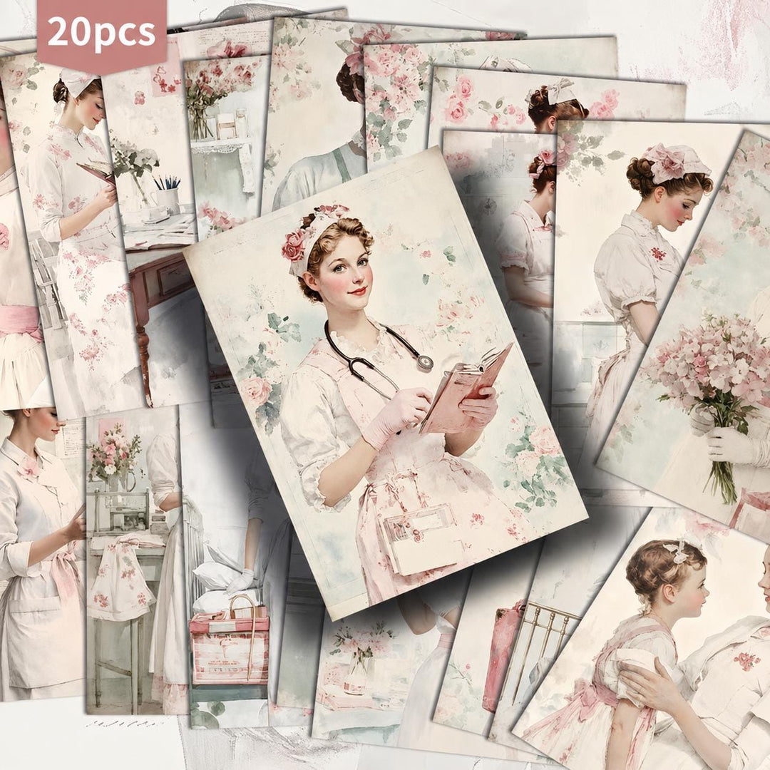 Retro Nurse Portrait Illustration Cards – Set of 20 Vintage Pin-Up Style Paper Cards Scrapbook Paper