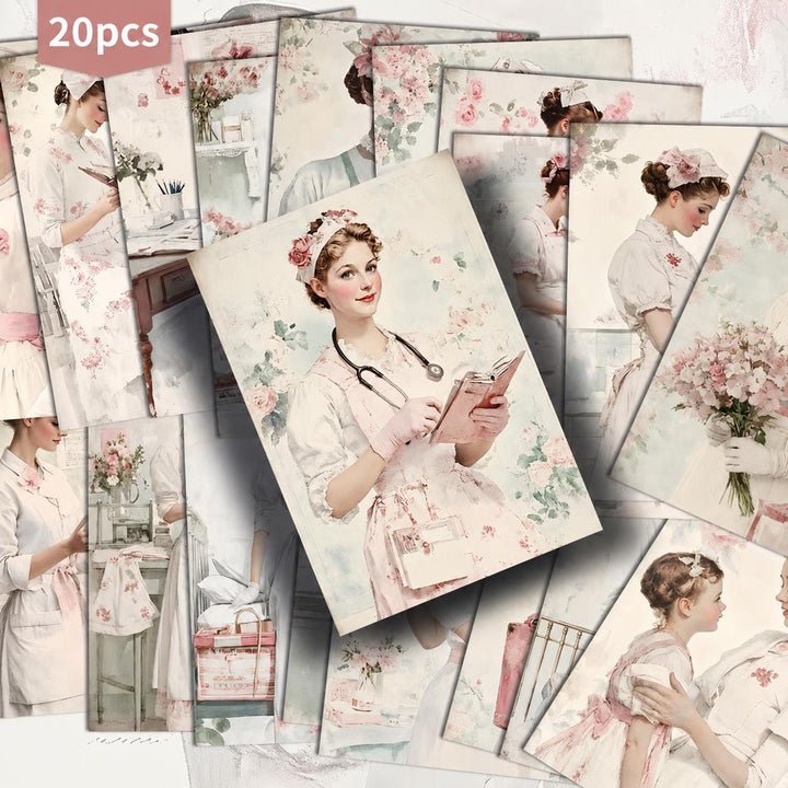 Retro Nurse Portrait Illustration Cards – Set of 20 Vintage Pin-Up Style Paper Cards Scrapbook Paper