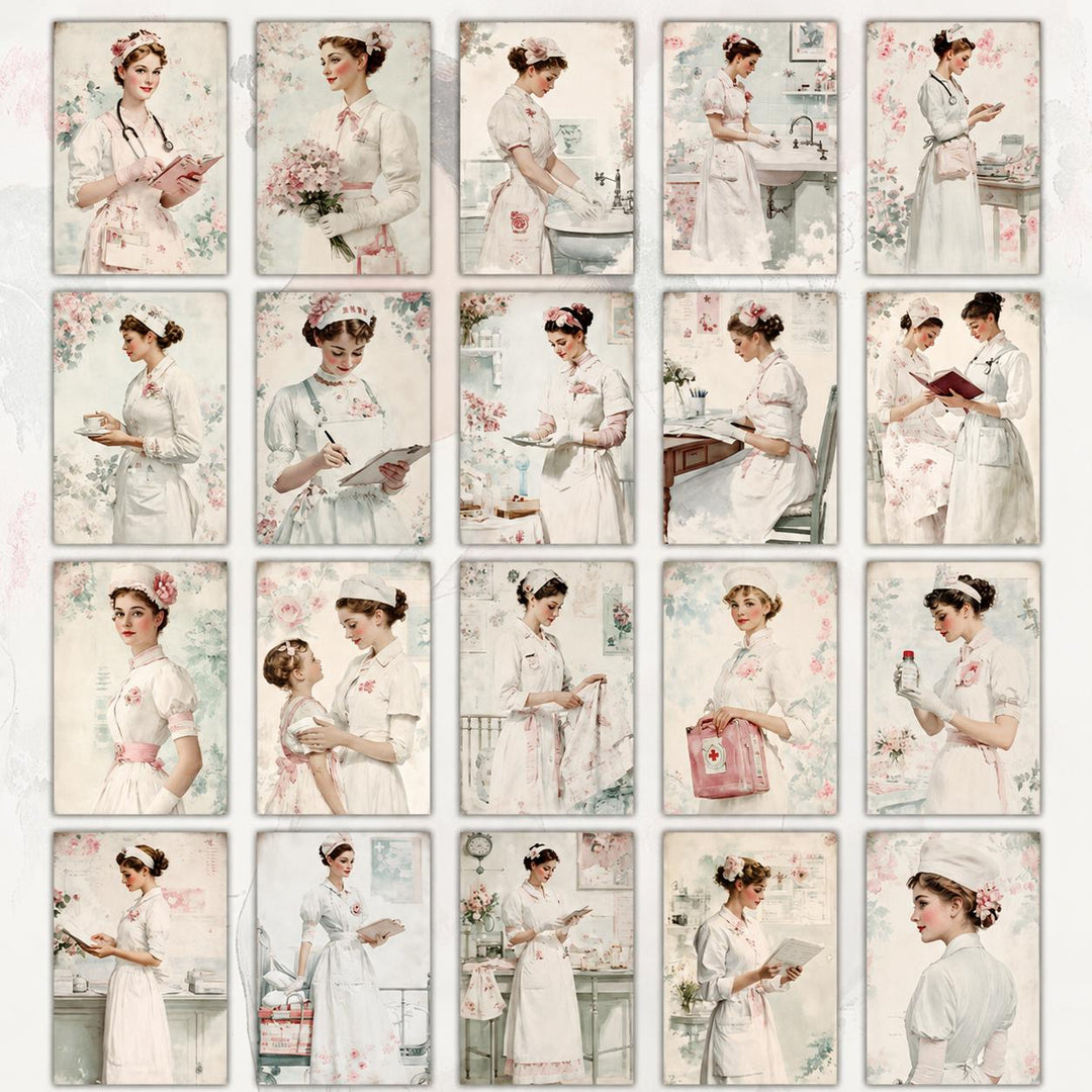 Retro Nurse Portrait Illustration Cards – Set of 20 Vintage Pin-Up Style Paper Cards Scrapbook Paper