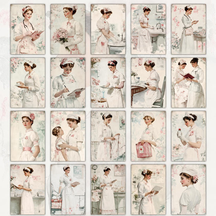 Retro Nurse Portrait Illustration Cards – Set of 20 Vintage Pin-Up Style Paper Cards Scrapbook Paper