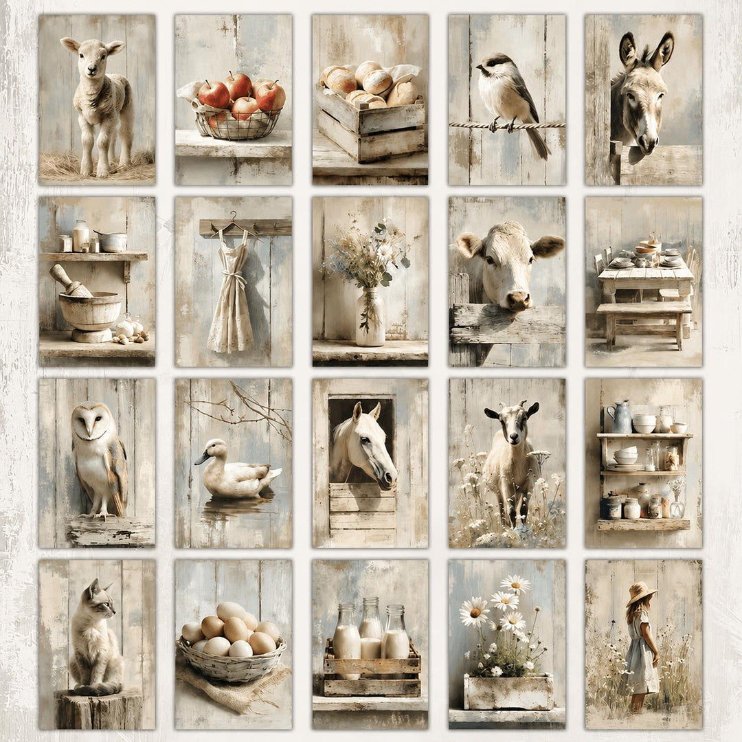 Vintage Farm Animal Illustration Cards – Set of 20 Pin-Up Style Paper Cards Scrapbook Paper