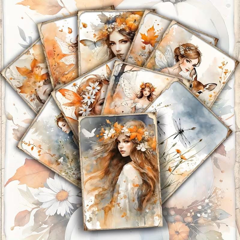 Set of 20 Autumn Fairy Journaling Cards Set, Cottagecore Ephemera Cards, Vintage Fall, Whimsical Fairy Scrapbook Pack, Junk Journal Supplies