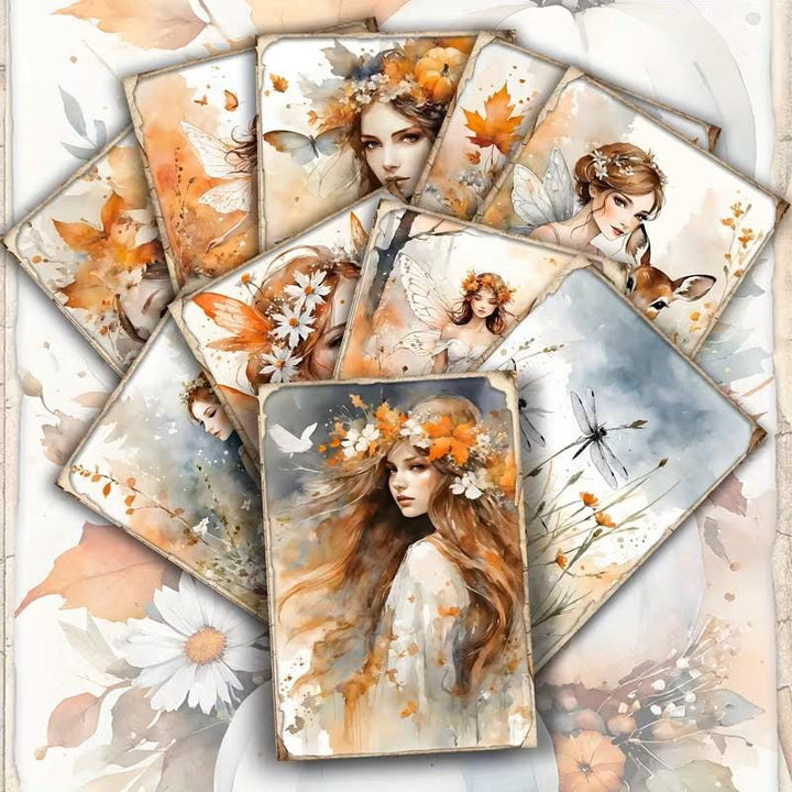 Set of 20 Autumn Fairy Journaling Cards Set, Cottagecore Ephemera Cards, Vintage Fall, Whimsical Fairy Scrapbook Pack, Junk Journal Supplies
