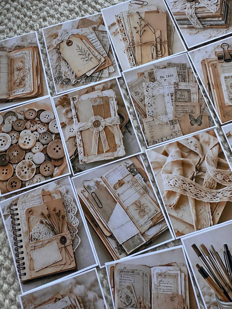 Set of 30 Vintage Junk Journal Stickers Set, Beige Ephemera Scrapbook Stickers, Neutral Journal, Antique Paper Craft, Cottagecore Ephemera