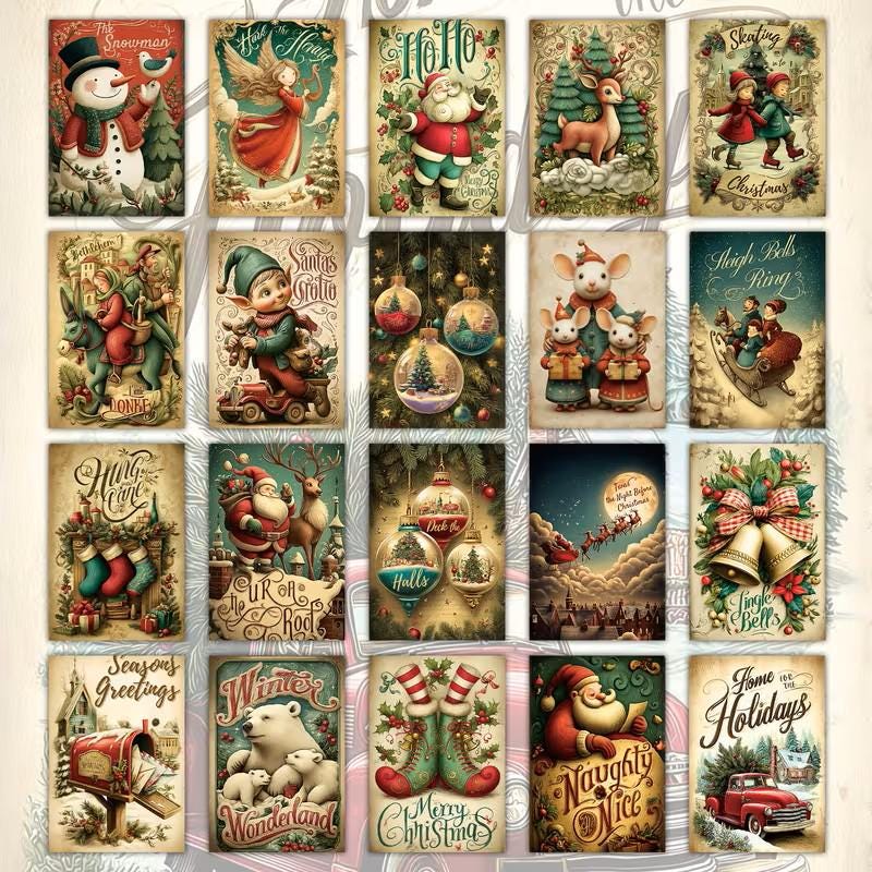 Set of 20 Vintage Christmas Journal Cards, Retro Holiday Ephemera Set, Christmas Scrapbook, Junk Journal Paper Pack,Cottagecore Xmas Collage