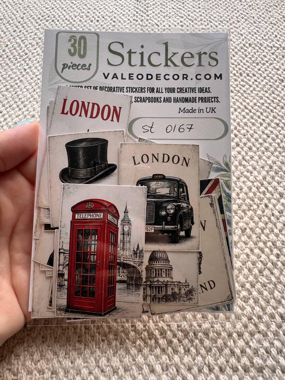 Set of 30 London Vintage Stickers, UK Travel Scrapbook Stickers, British Ephemera Pack, London Journal Stickers, Red Bus and Telephone Box