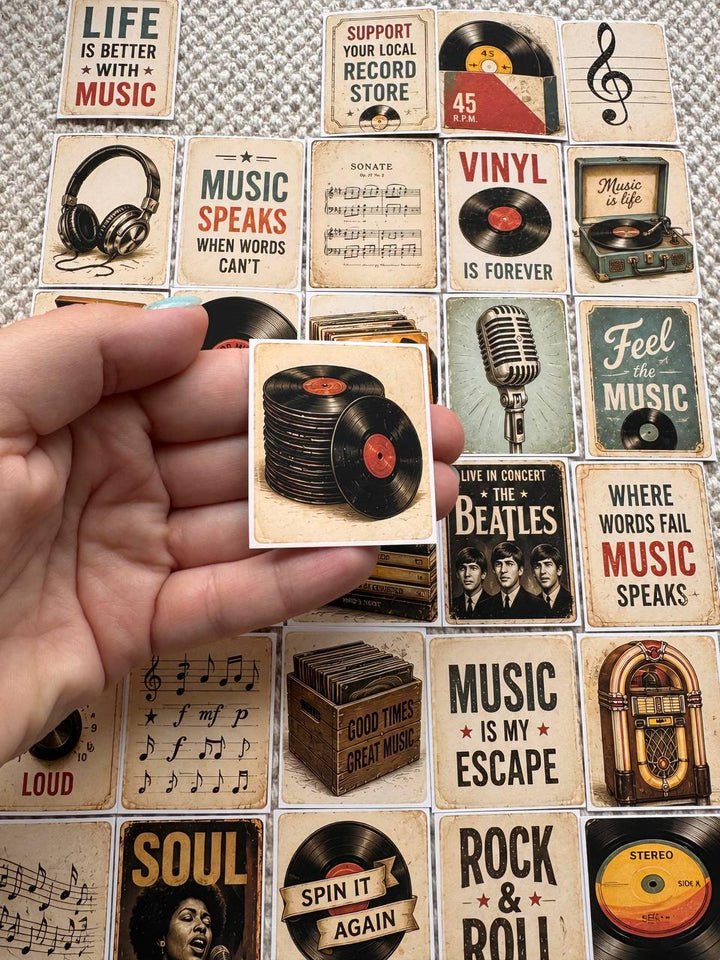 Set of 30 Vintage Music Stickers, Vinyl Record Stickers, Retro Music Journal Stickers, Rock and Roll Scrapbook, Music Lover Sticker Pack