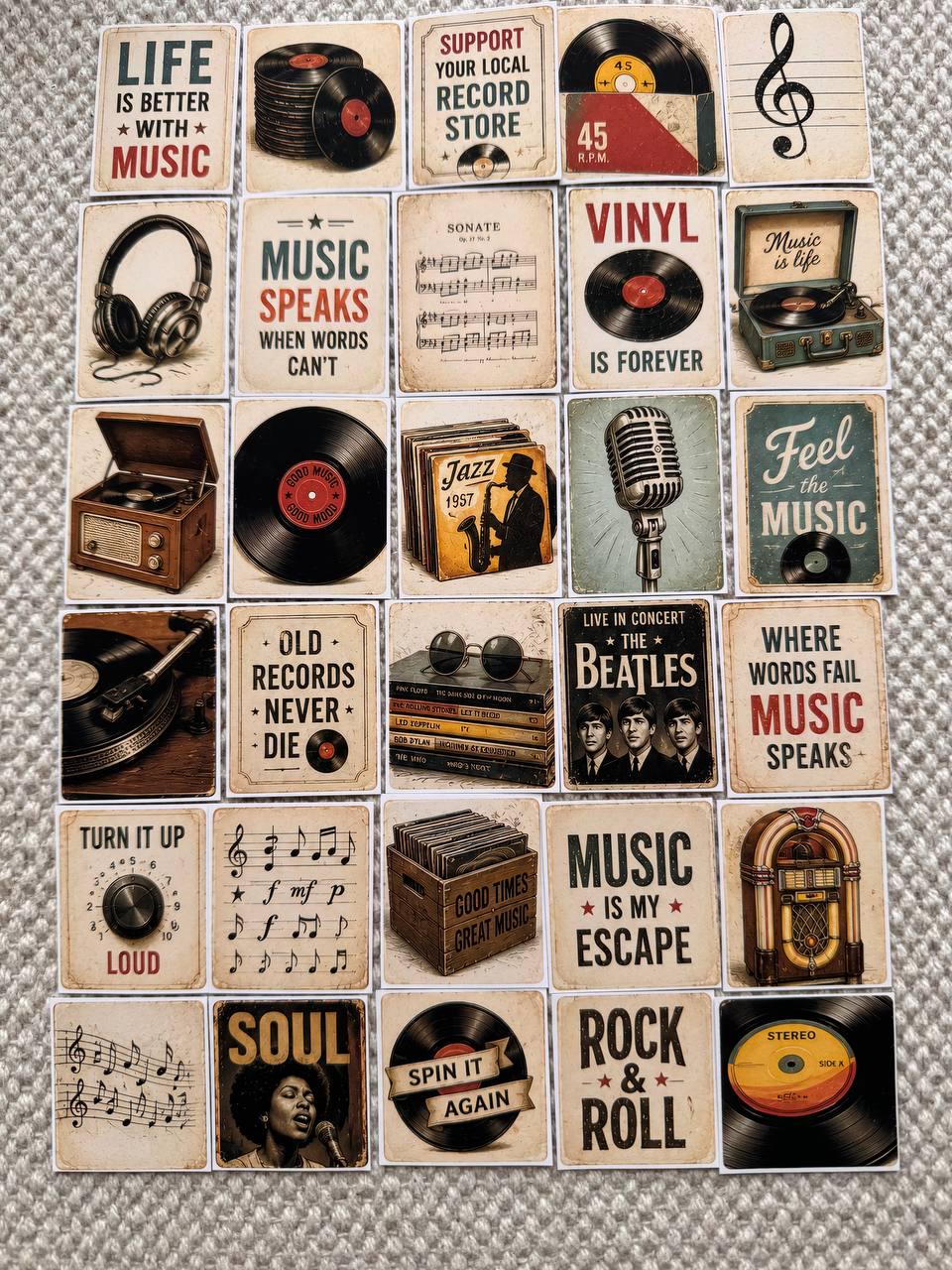 Set of 30 Vintage Music Stickers, Vinyl Record Stickers, Retro Music Journal Stickers, Rock and Roll Scrapbook, Music Lover Sticker Pack