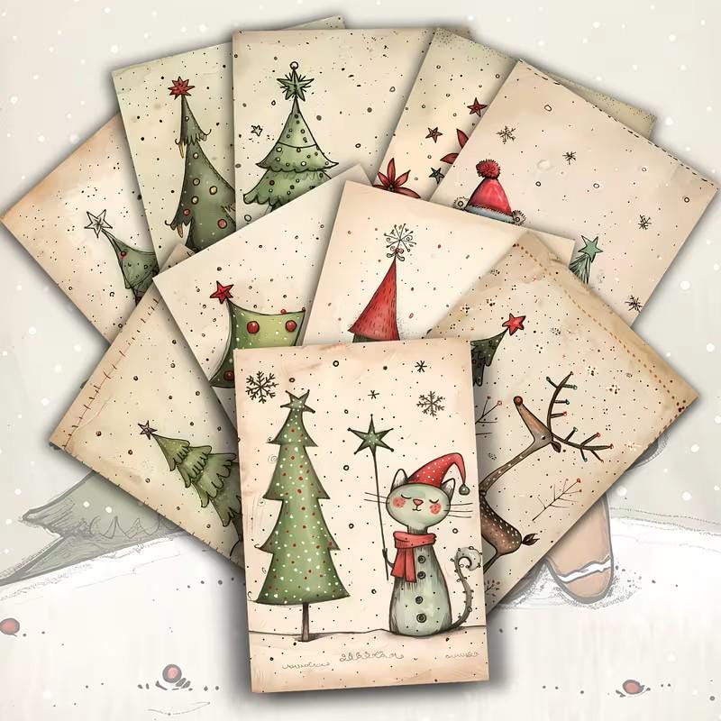 Set of 20 Cute Christmas Journal Cards Set, Whimsical Holiday Ephemera, Scandinavian Xmas Scrapbook Cards, Winter Junk Journal Kit, Nordic