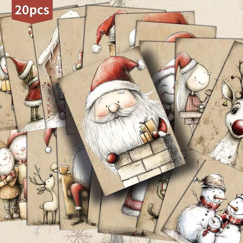 Set of 20 Cute Nordic Christmas Journal Cards, Scandinavian Xmas Ephemera Set, Whimsical Santa Scrapbook Cards, Cozy Winter Junk Journal Kit