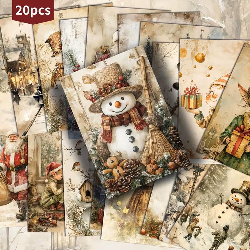 Set of 20 Vintage Christmas Journal Cards, Winter Wonderland Ephemera Pack, Snowman Santa Junk Journal Cards, Cozy Holiday Scrapbook Set