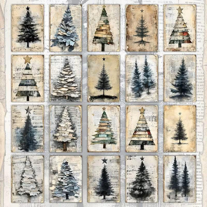 Set of 20 Vintage Christmas Tree Journal Cards, Neutral Winter Ephemera Pack,Rustic Holiday Junk Journal Cards,Farmhouse Christmas Scrapbook
