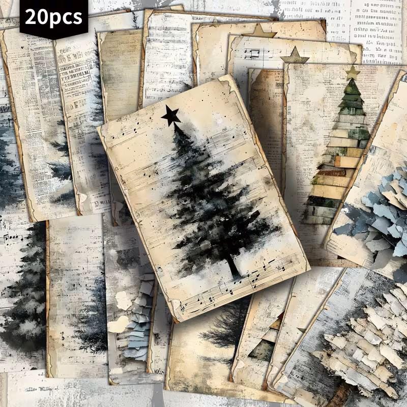 Set of 20 Vintage Christmas Tree Journal Cards, Neutral Winter Ephemera Pack,Rustic Holiday Junk Journal Cards,Farmhouse Christmas Scrapbook