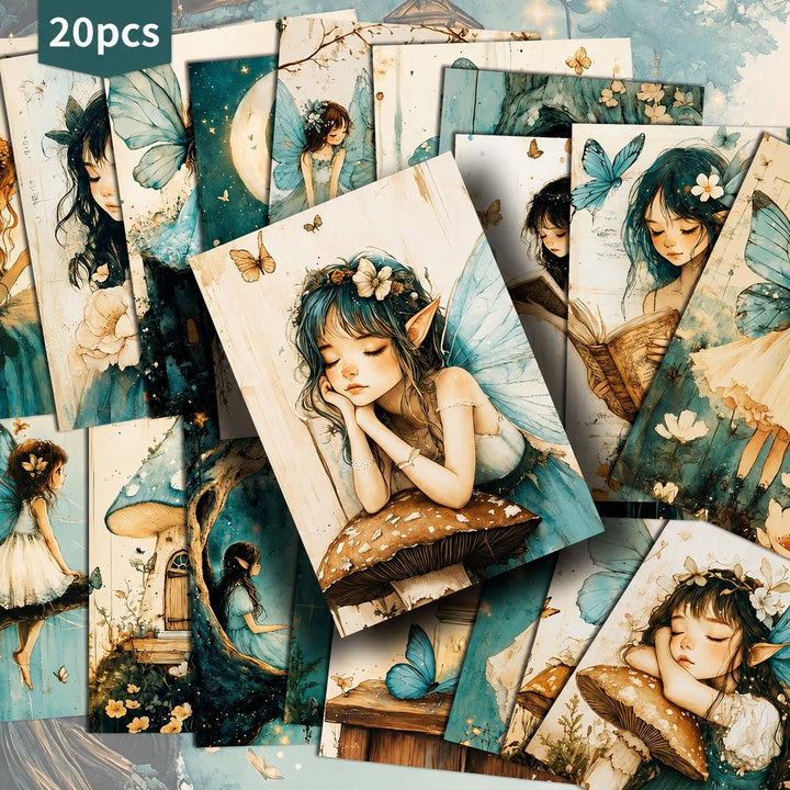 Set of 20 Fairy Journal Cards, Blue Fantasy Ephemera Pack, Cottagecore Fairy Art Cards, Whimsical Junk Journal Supplies, Enchanted Forest