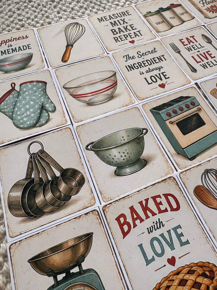 Set of 30 Vintage Kitchen Stickers, Retro Baking Stickers, Cottage Kitchen Journal Stickers, Baking Scrapbook , Kitchen Decor Sticker Pack