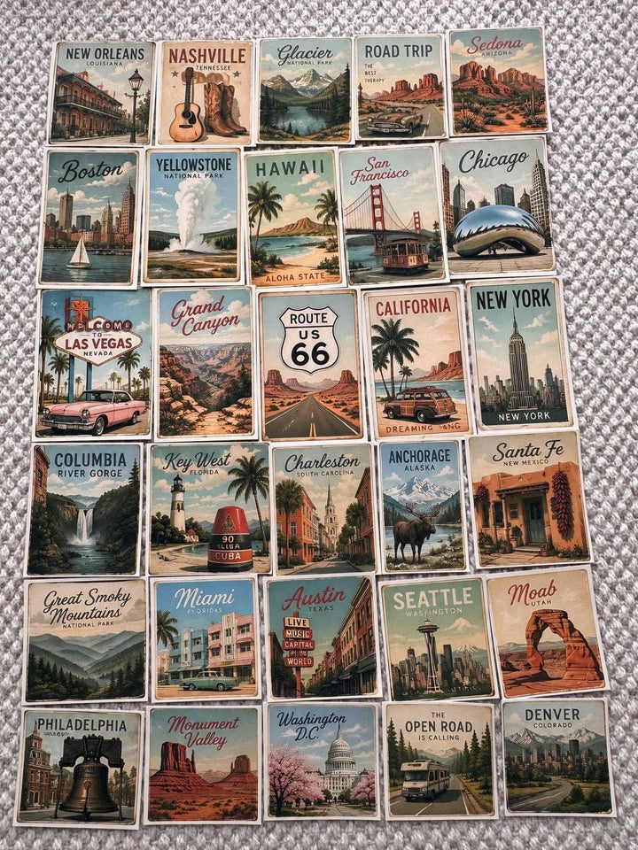 Set of 30 USA Travel Stickers Set, America Vintage Stickers, Road Trip Scrapbook Stickers, USA Journal Sticker Pack, Retro Travel Die Cuts