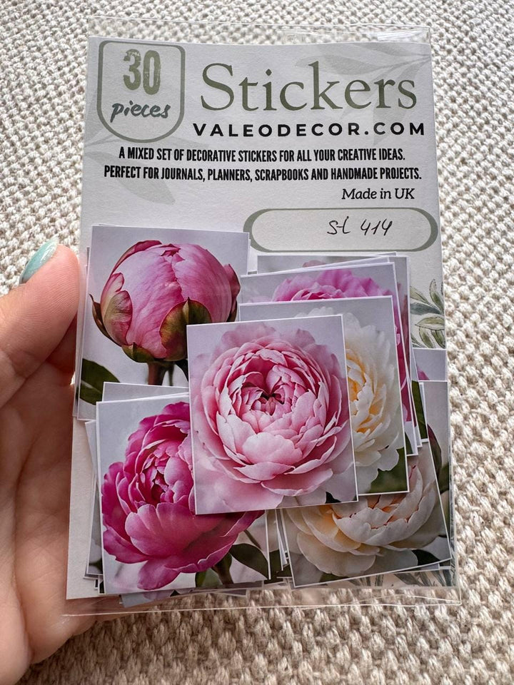 Set of 30 Peony Flower Stickers Set, Pink Peony Die Cuts, Floral Scrapbook Stickers, Romantic Journal Ephemera, Cottagecore Flower Pack