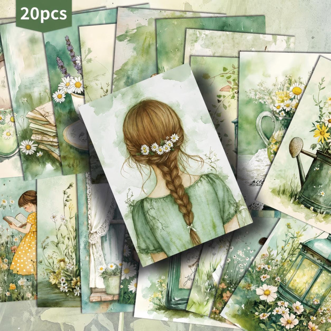 Cottagecore Daisy Ephemera Cards Set of 20, Vintage Green Aesthetic Journal Cards, Junk Journal Scrapbooking Supplies, Nature Collage Paper