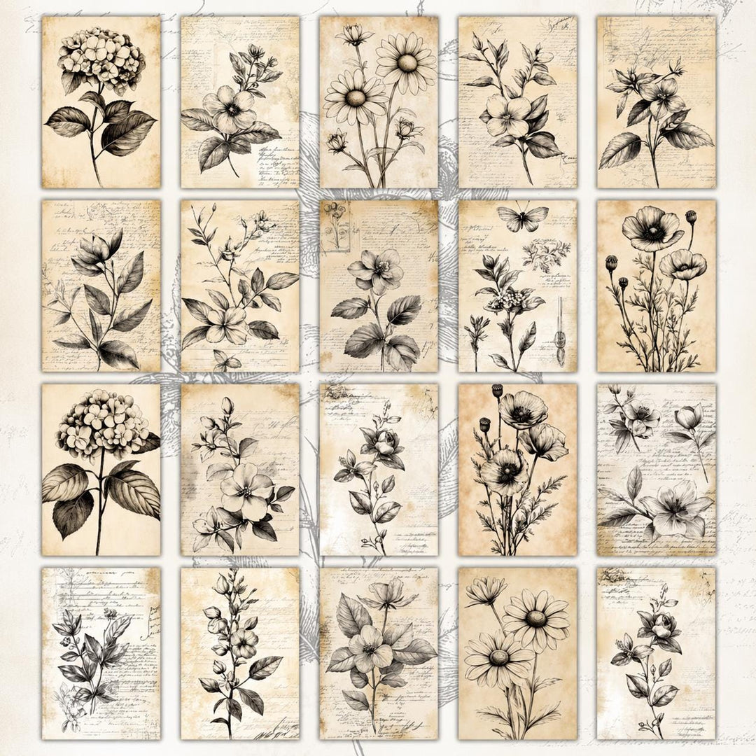 Vintage Botanical Ephemera Cards Set of 20, Antique Flower Illustration Cards, Junk Journal Scrapbooking Cards, Botanical Collage Pack