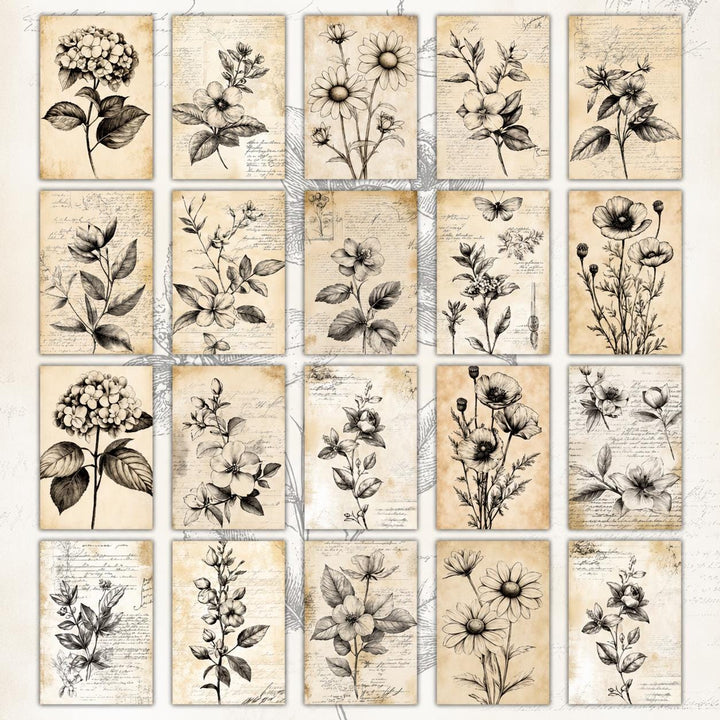 Vintage Botanical Ephemera Cards Set of 20, Antique Flower Illustration Cards, Junk Journal Scrapbooking Cards, Botanical Collage Pack