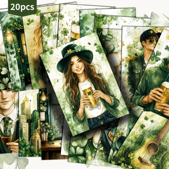 St Patrick's Day Retro Illustration Cards – Set of 20 Vintage Pin-Up Style Paper Cards Scrapbook Paper