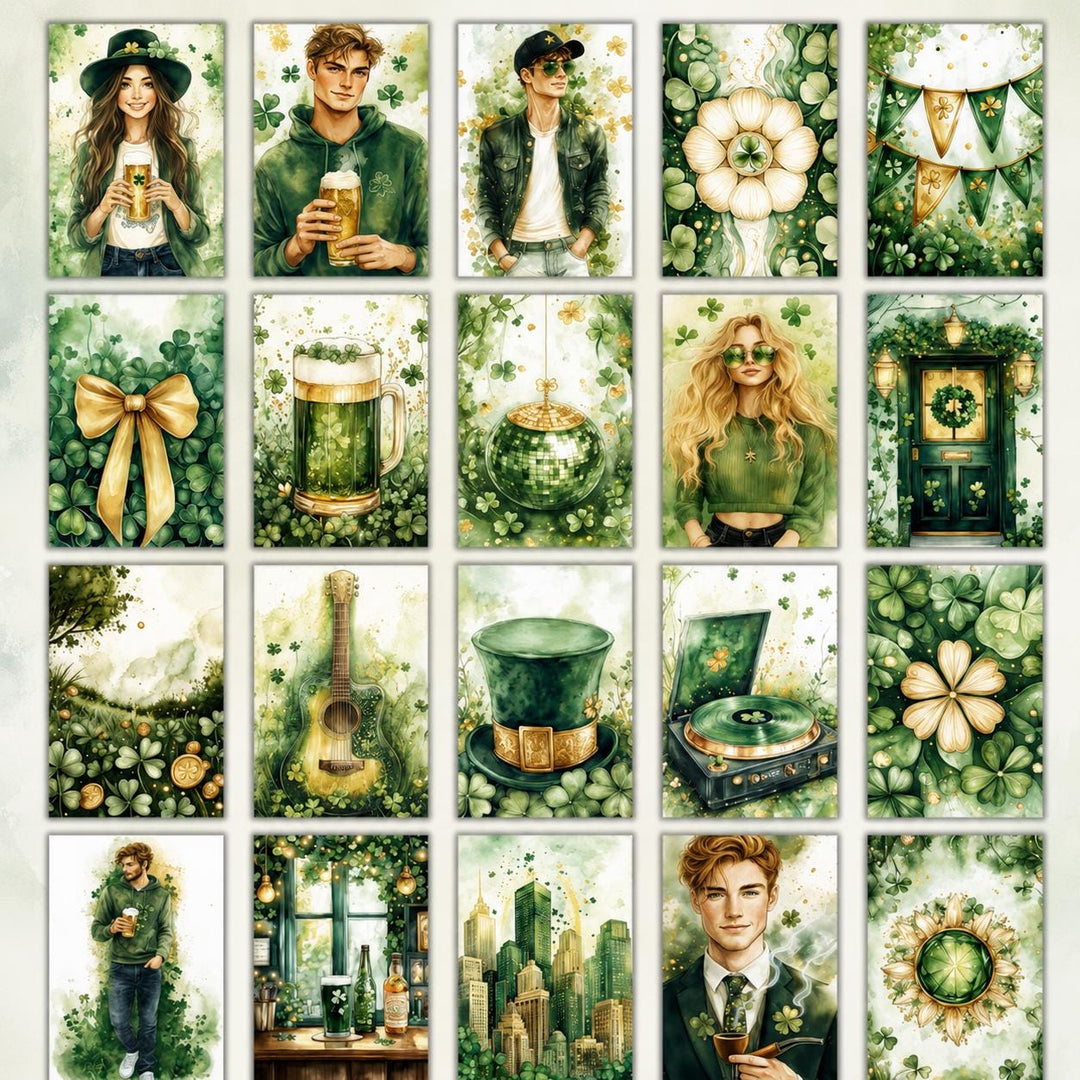 St Patrick's Day Retro Illustration Cards – Set of 20 Vintage Pin-Up Style Paper Cards Scrapbook Paper