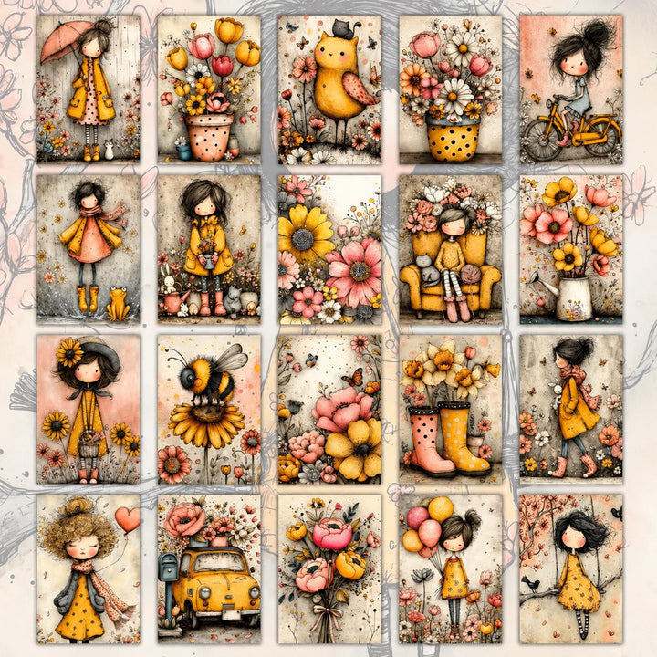 Retro Pin-Up & Floral Illustration Cards – Set of 20 Vintage Cards Scrapbook Paper