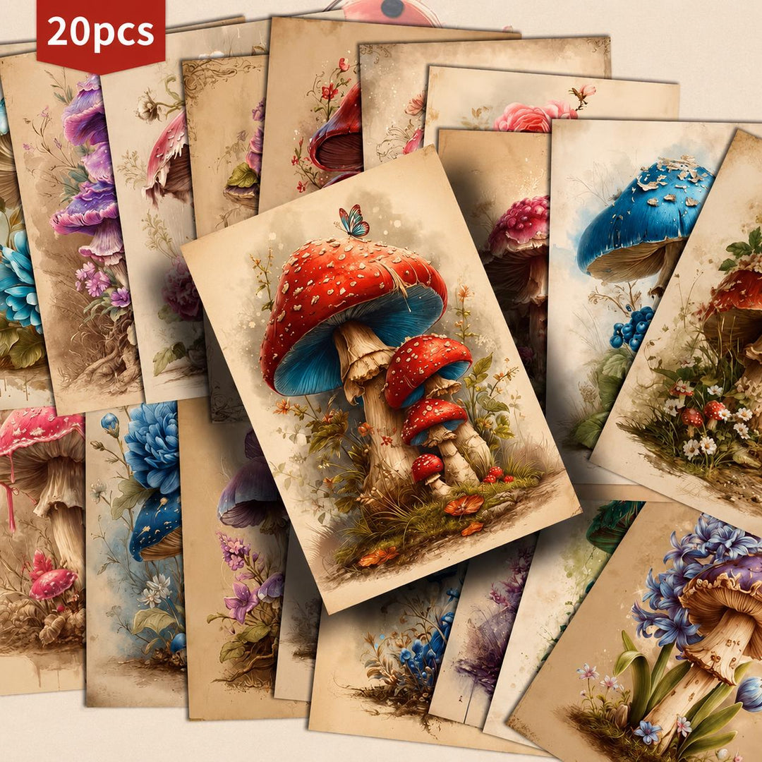 Retro Fantasy Mushroom Illustration Cards – Set of 20 Vintage Pin-Up Style Paper Cards Scrapbook Paper