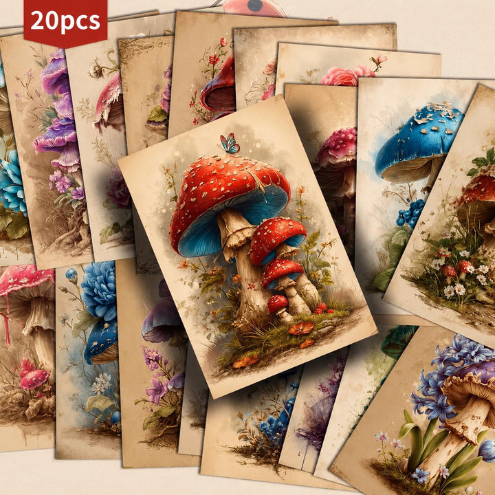 Retro Fantasy Mushroom Illustration Cards – Set of 20 Vintage Pin-Up Style Paper Cards Scrapbook Paper