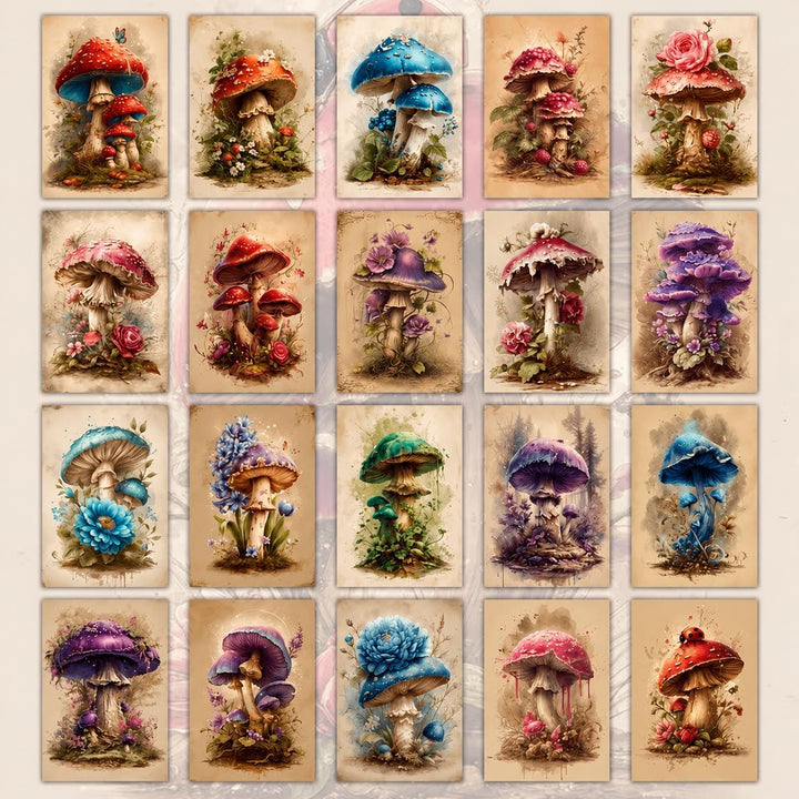 Retro Fantasy Mushroom Illustration Cards – Set of 20 Vintage Pin-Up Style Paper Cards Scrapbook Paper