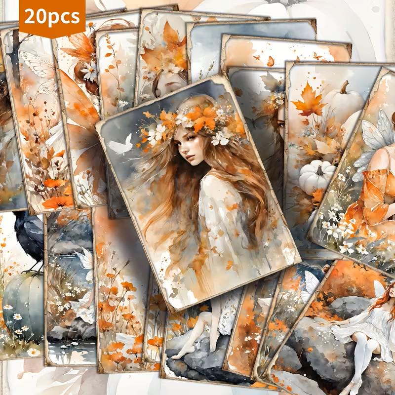 Set of 20 Autumn Fairy Journaling Cards Set, Cottagecore Ephemera Cards, Vintage Fall, Whimsical Fairy Scrapbook Pack, Junk Journal Supplies