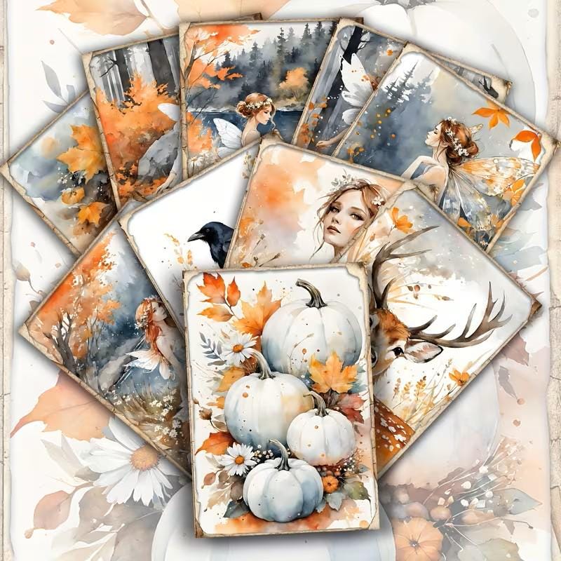Set of 20 Autumn Fairy Journaling Cards Set, Cottagecore Ephemera Cards, Vintage Fall, Whimsical Fairy Scrapbook Pack, Junk Journal Supplies