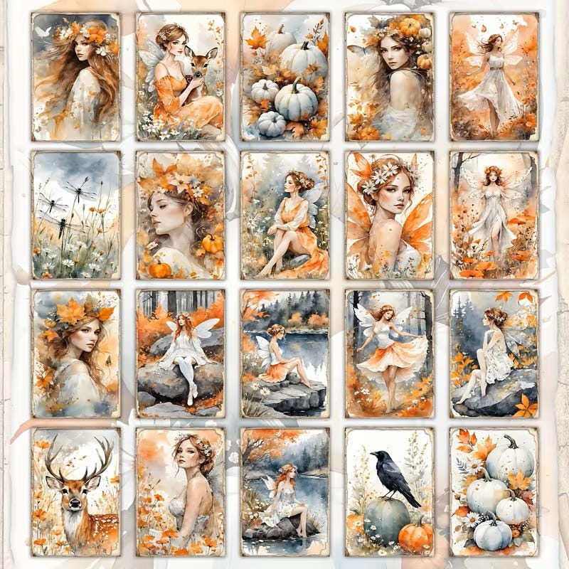 Set of 20 Autumn Fairy Journaling Cards Set, Cottagecore Ephemera Cards, Vintage Fall, Whimsical Fairy Scrapbook Pack, Junk Journal Supplies