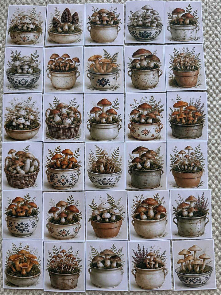 Set of 30 Vintage Mushroom Stickers Set, Cottagecore Scrapbook Stickers, Forest Mushroom Planner Stickers, Botanical Journal,Autumn Ephemera