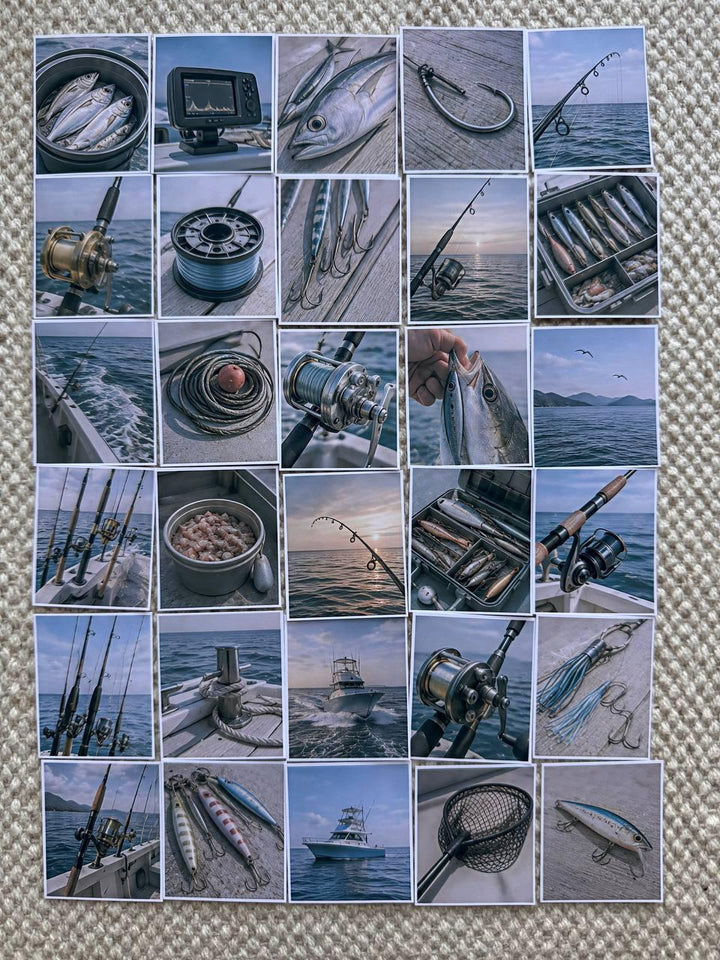 Set of 30 Fishing Stickers Set, Vintage Fishing Scrapbook Stickers, Angler Journal Stickers, Nautical Planner, Ocean Fishing Ephemera Pack
